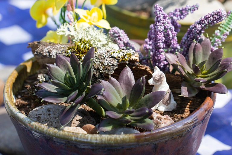 Fairy garden made with faux plants.